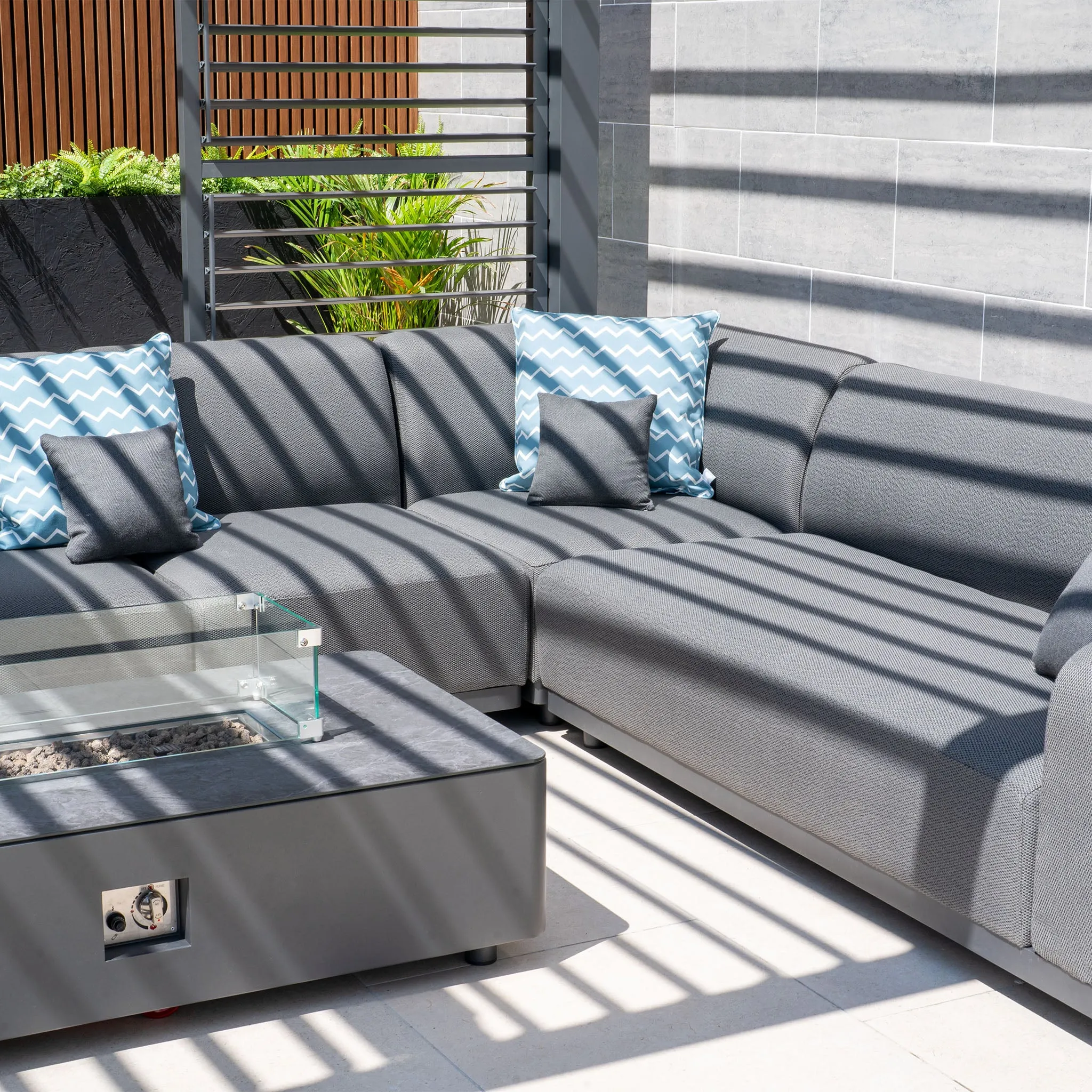 Luna Outdoor Fabric Corner Group Set with Firepit Coffee Table in Grey