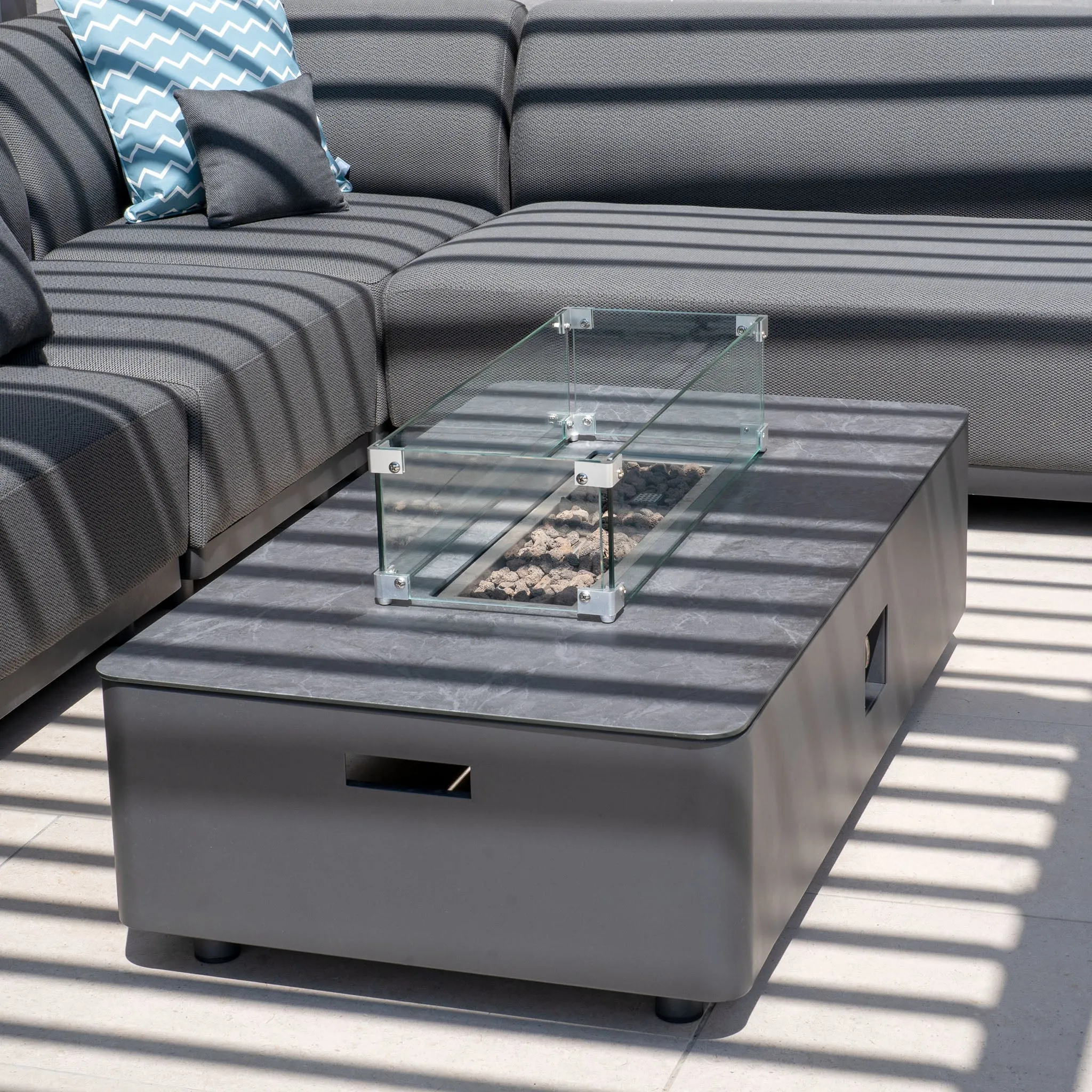 Luna Outdoor Fabric Corner Group Set with Firepit Coffee Table in Grey