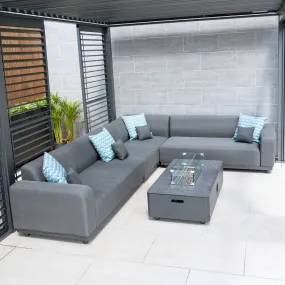 Luna Outdoor Fabric Corner Group Set with Firepit Coffee Table in Grey
