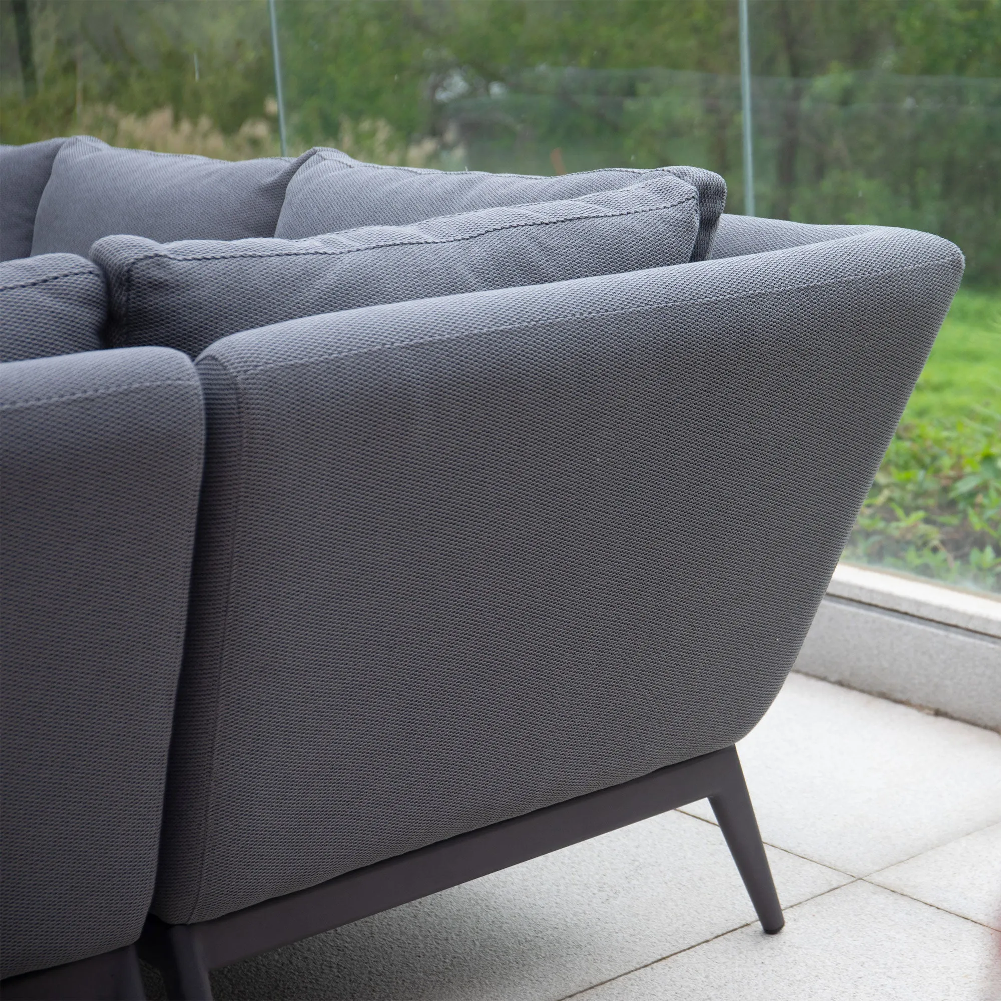 Luna Outdoor Fabric Rectangular Corner Dining Set with Rising Firepit Table in Grey (Left Hand)