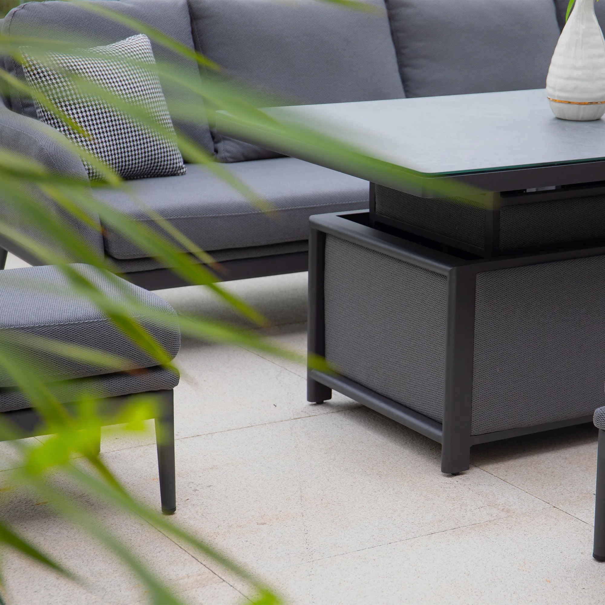 Luna Outdoor Fabric Rectangular Corner Dining Set with Rising Table in Grey (Right Hand)