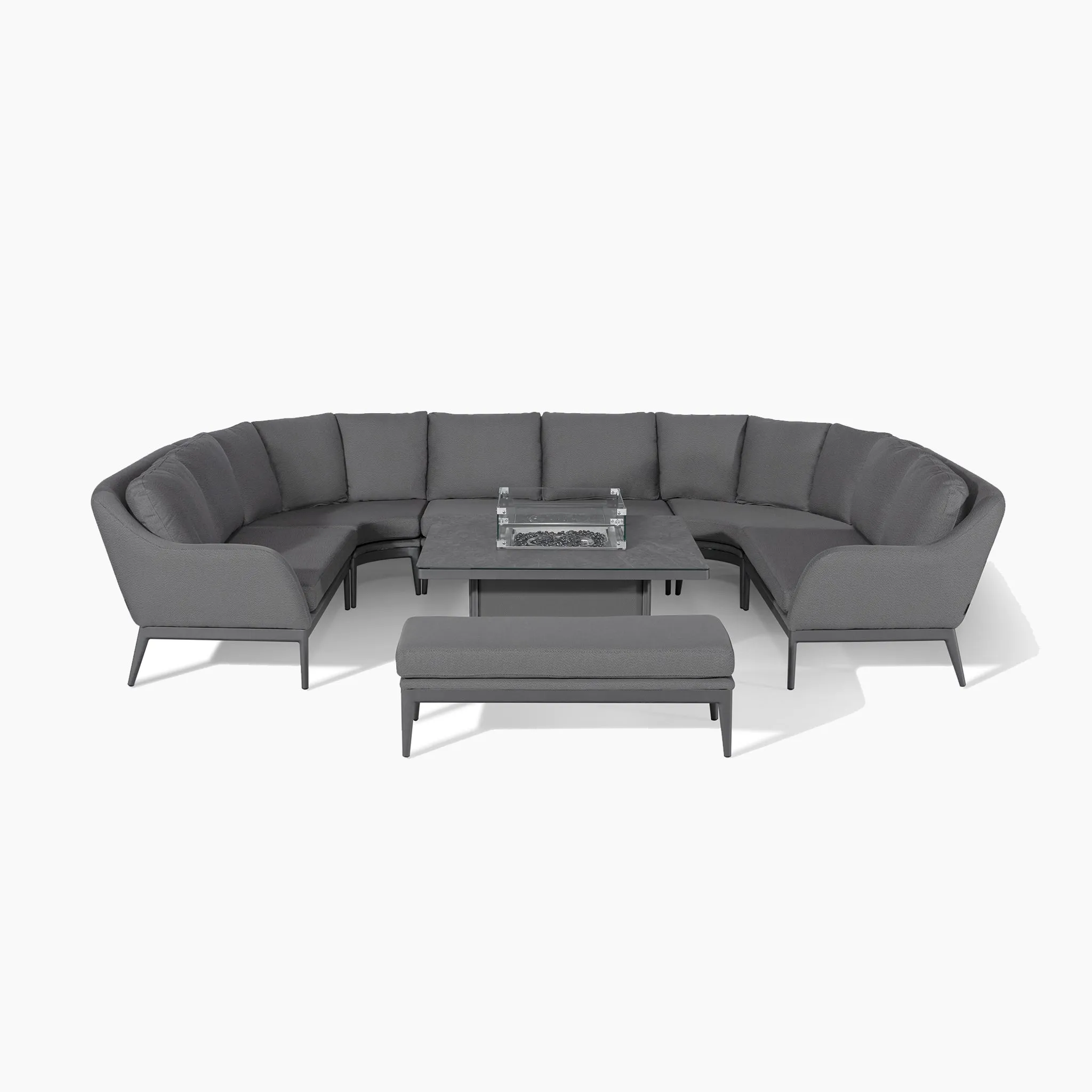 Luna U-Shape Outdoor Fabric Corner Dining with Rising Firepit Table in Grey