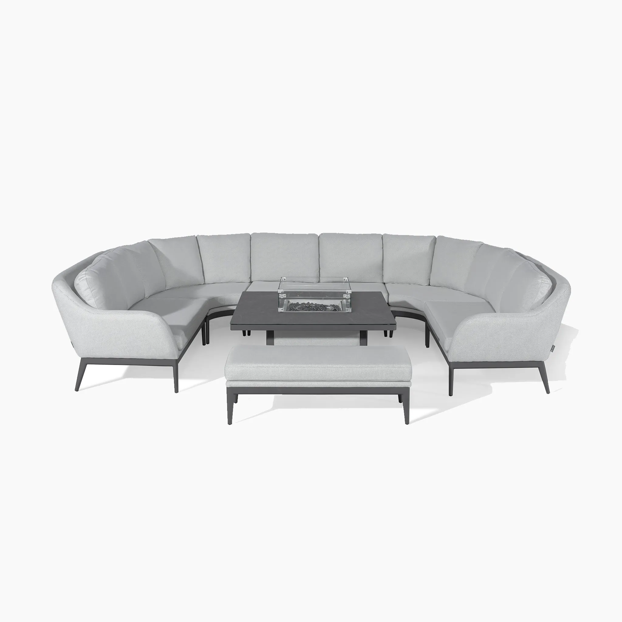 Luna U-Shape Outdoor Fabric Corner Dining with Rising Firepit Table in Oyster Grey