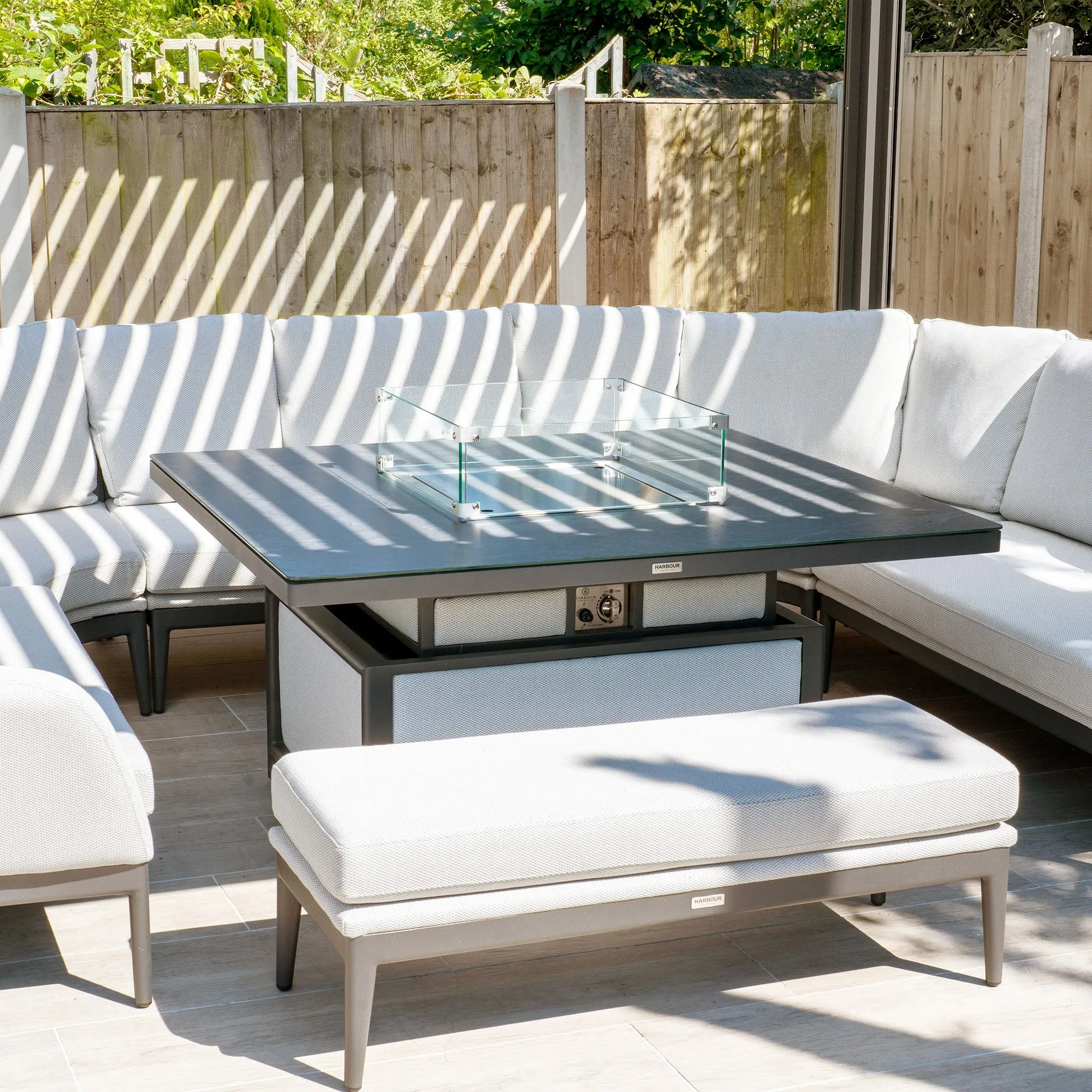 Luna U-Shape Outdoor Fabric Corner Dining with Rising Firepit Table in Oyster Grey