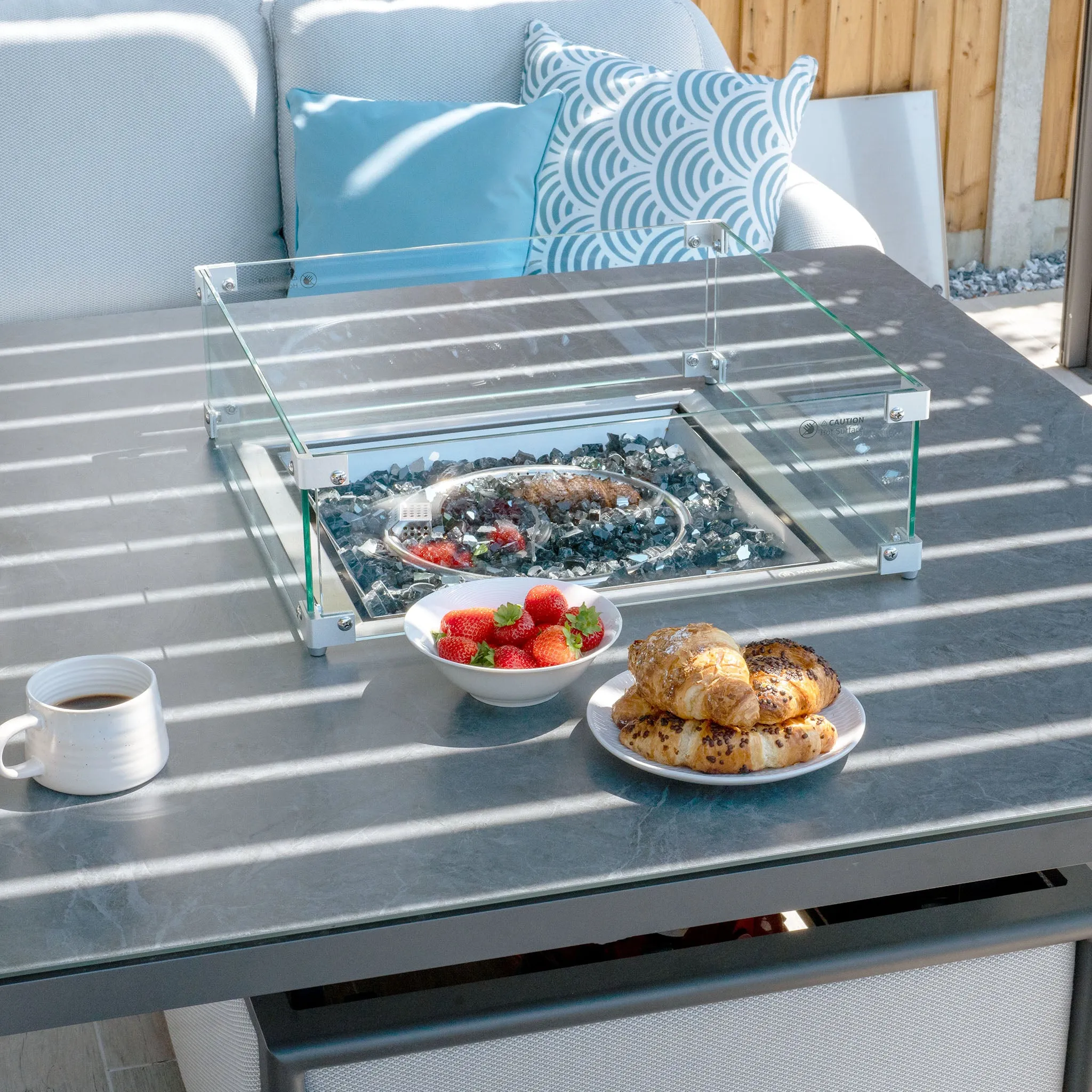 Luna U-Shape Outdoor Fabric Corner Dining with Rising Firepit Table in Oyster Grey