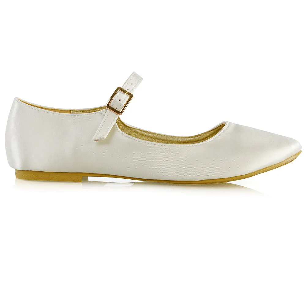 Nellie Ballerina Pump over the Foot Buckle up Strap Wedding Flat Bridal Shoes in Fuchsia Satin