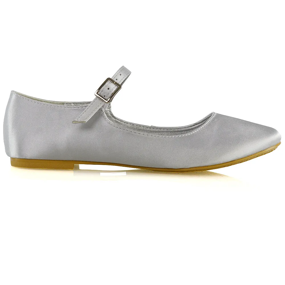 Nellie Ballerina Pump over the Foot Buckle up Strap Wedding Flat Bridal Shoes in Fuchsia Satin