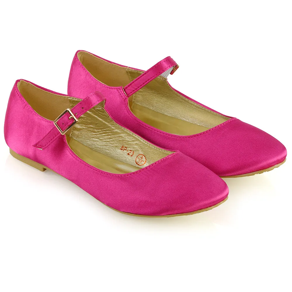 Nellie Ballerina Pump over the Foot Buckle up Strap Wedding Flat Bridal Shoes in Fuchsia Satin