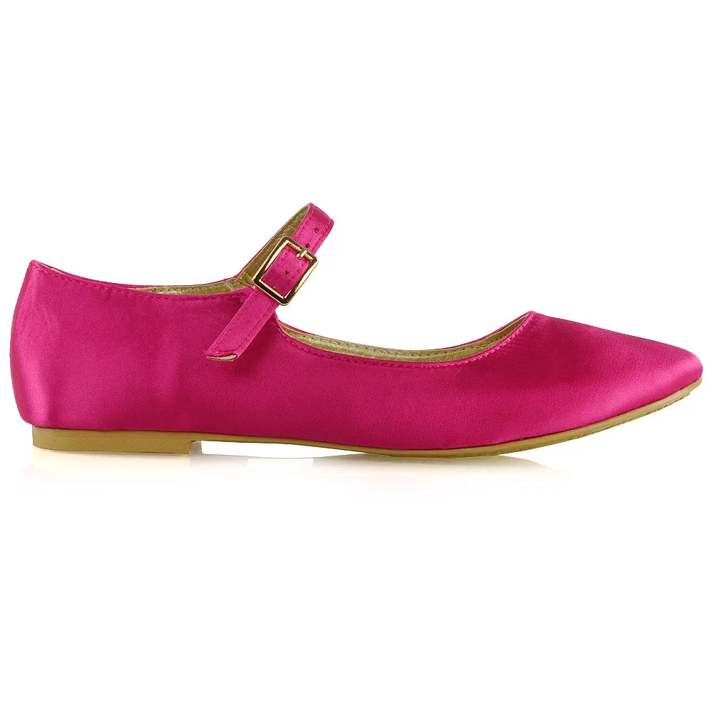 Nellie Ballerina Pump over the Foot Buckle up Strap Wedding Flat Bridal Shoes in Fuchsia Satin