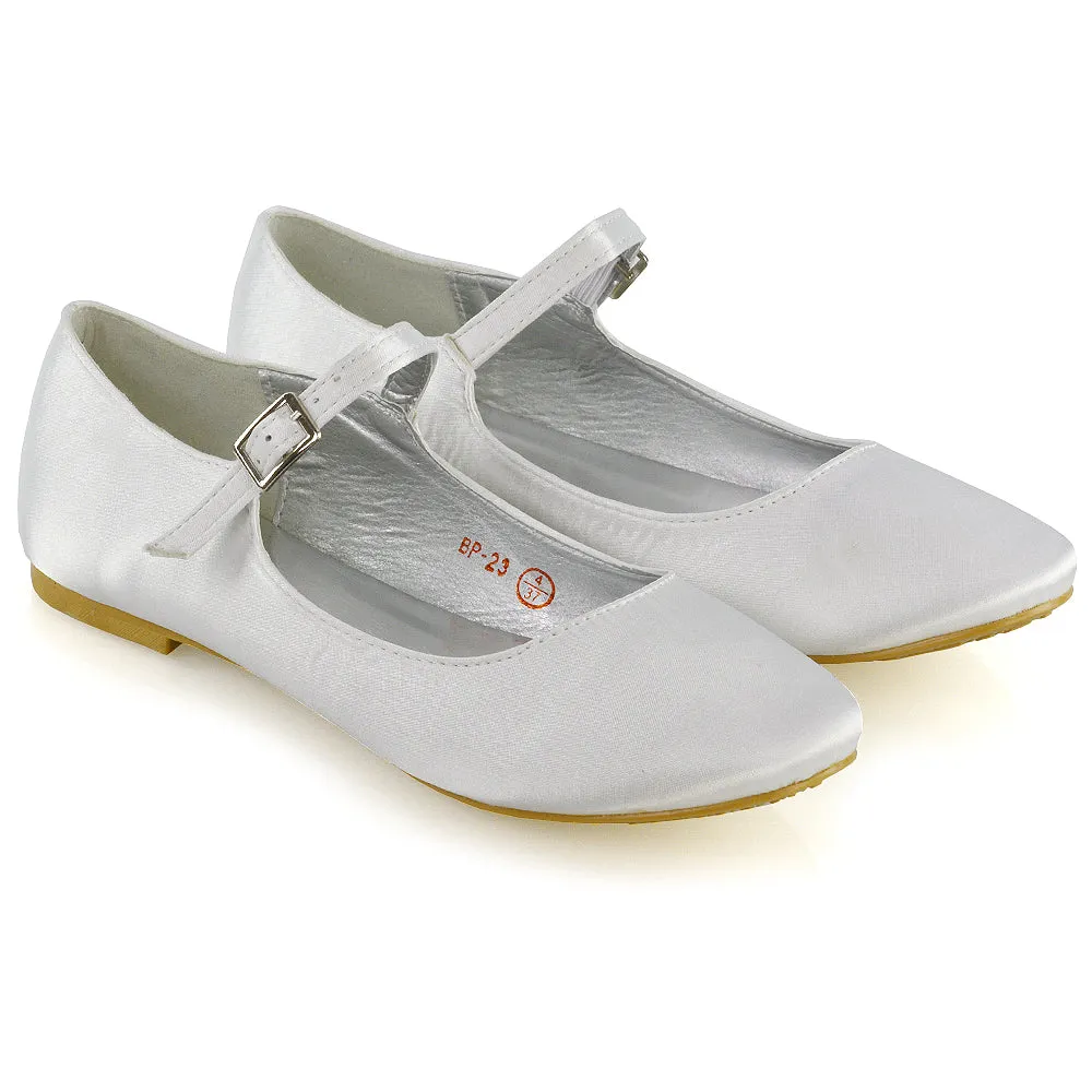 Nellie Ballerina Pump over the Foot Buckle up Strap Wedding Flat Bridal Shoes in Fuchsia Satin