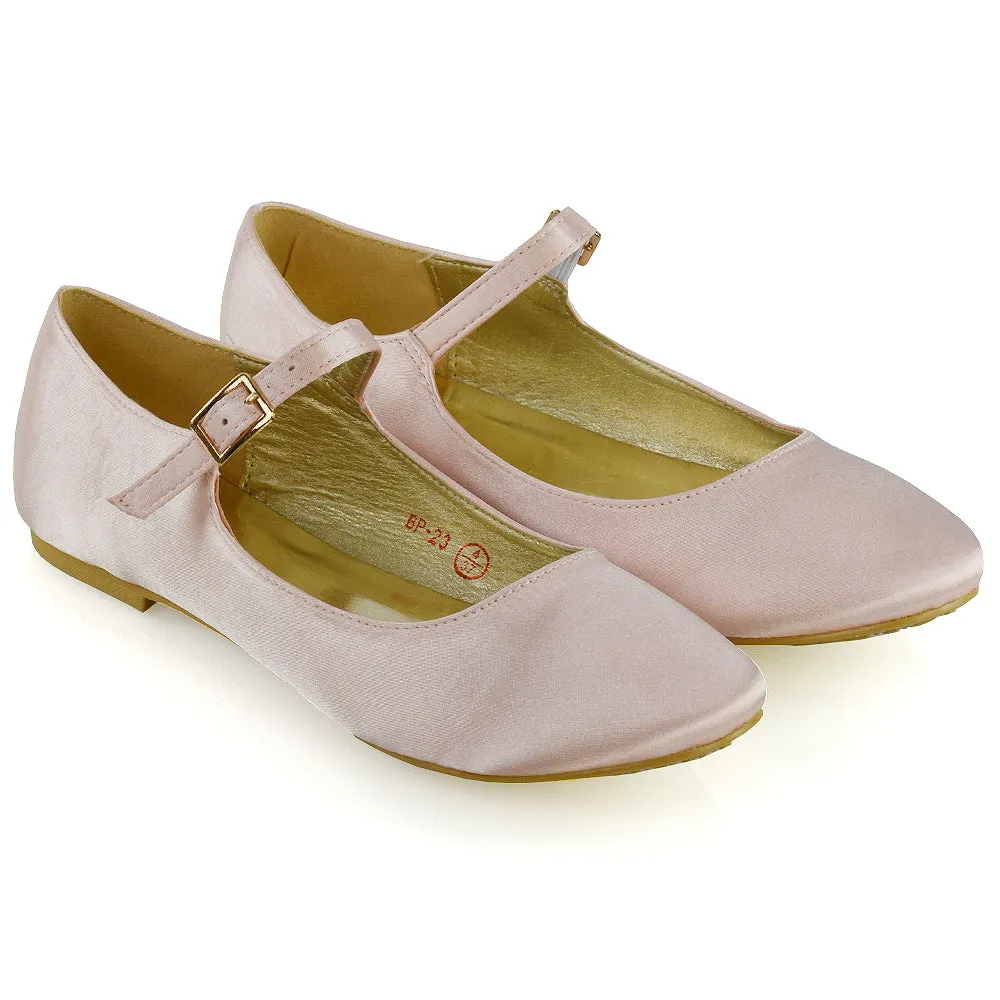 Nellie Ballerina Pump over the Foot Buckle up Strap Wedding Flat Bridal Shoes in Fuchsia Satin