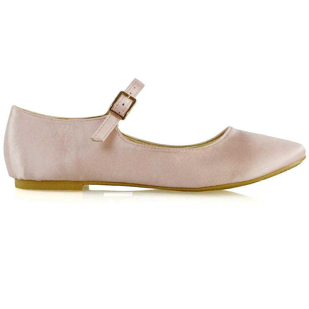 Nellie Ballerina Pump over the Foot Buckle up Strap Wedding Flat Bridal Shoes in Fuchsia Satin