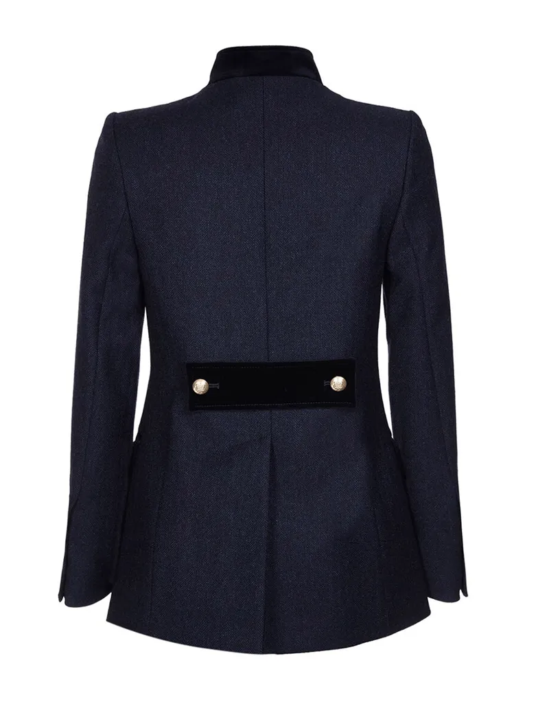 Newbury Navy Jacket - Pure Wool With Velvet Trims - 50% OFF