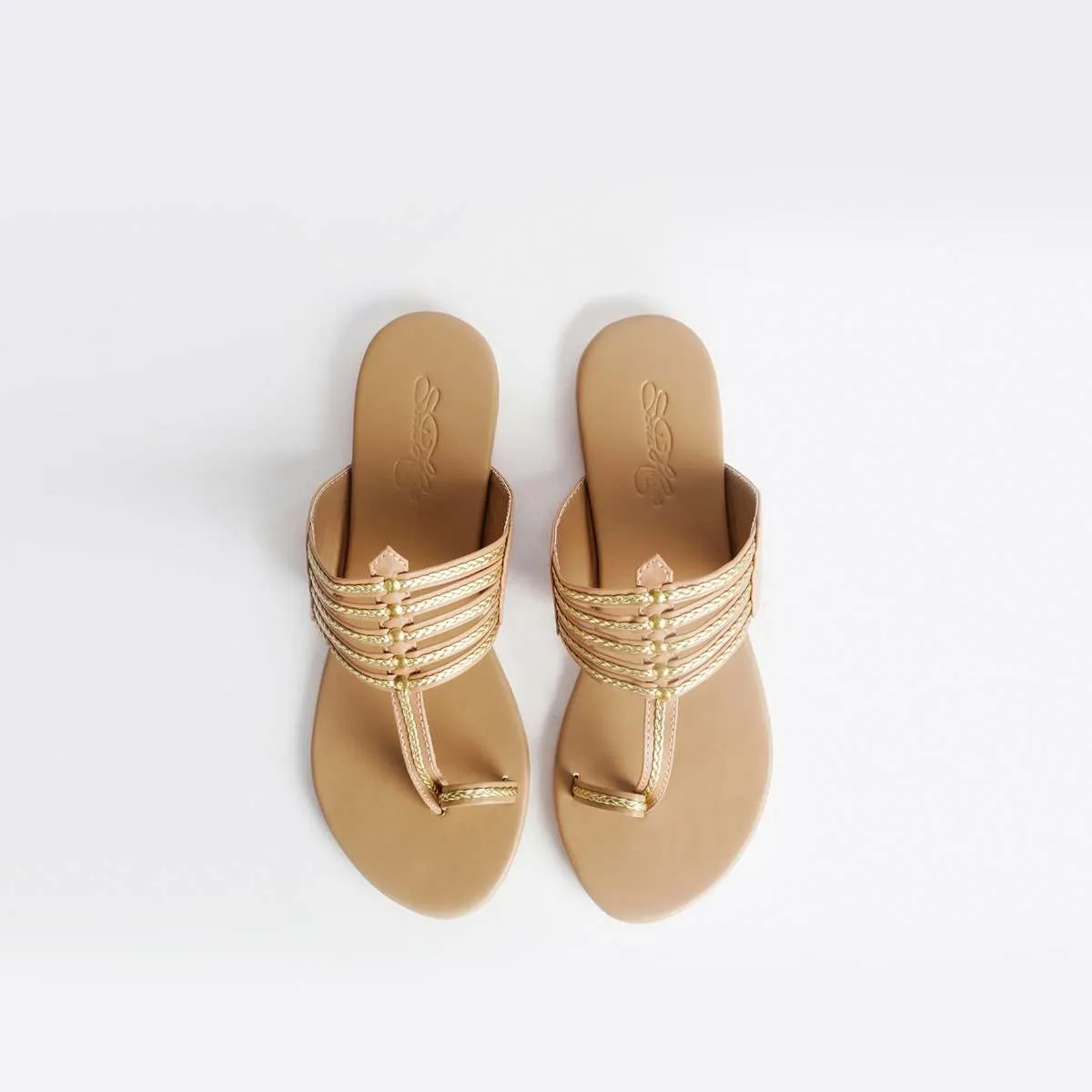 Nude Kolhapuri Flats With Gold Braiding And Gold Rivet  By Sole House