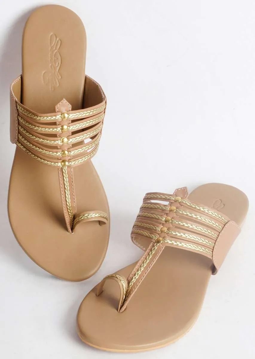 Nude Kolhapuri Flats With Gold Braiding And Gold Rivet  By Sole House