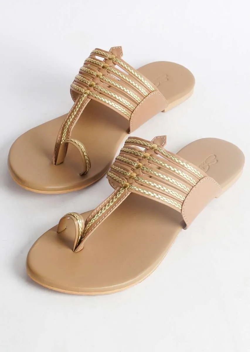Nude Kolhapuri Flats With Gold Braiding And Gold Rivet  By Sole House
