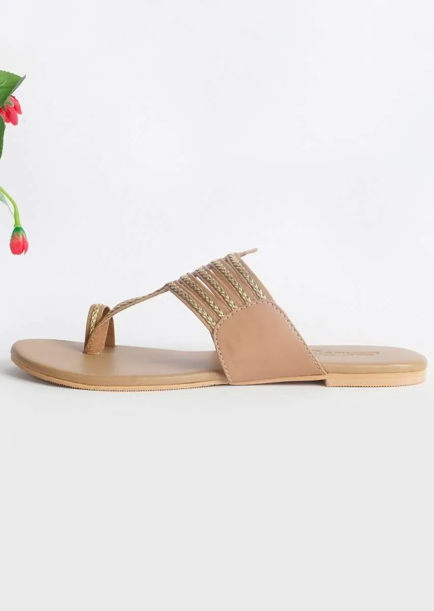 Nude Kolhapuri Flats With Gold Braiding And Gold Rivet  By Sole House