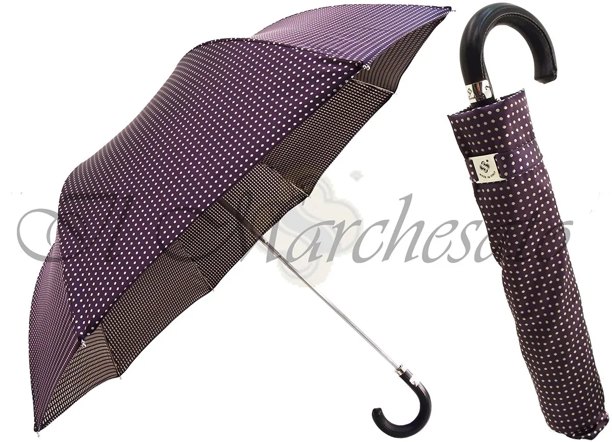 Polka Dot Men's Folding Umbrella - Black Leather Handle