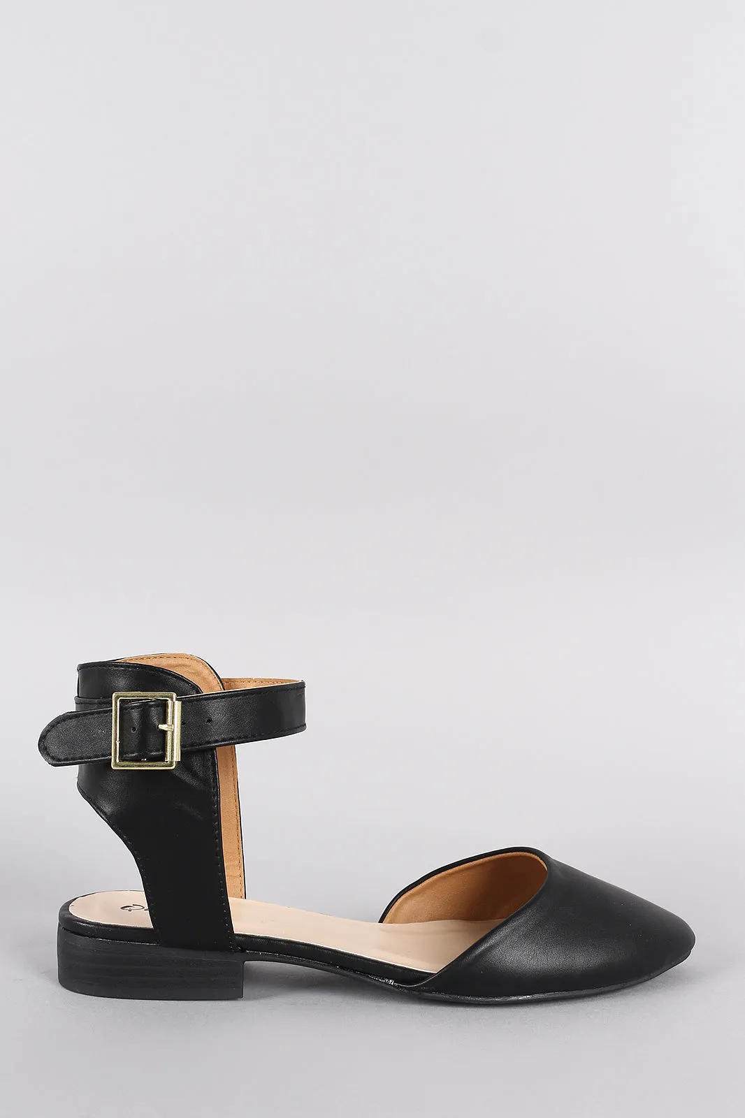 Qupid Almond Toe Buckled Ankle Strap Flat