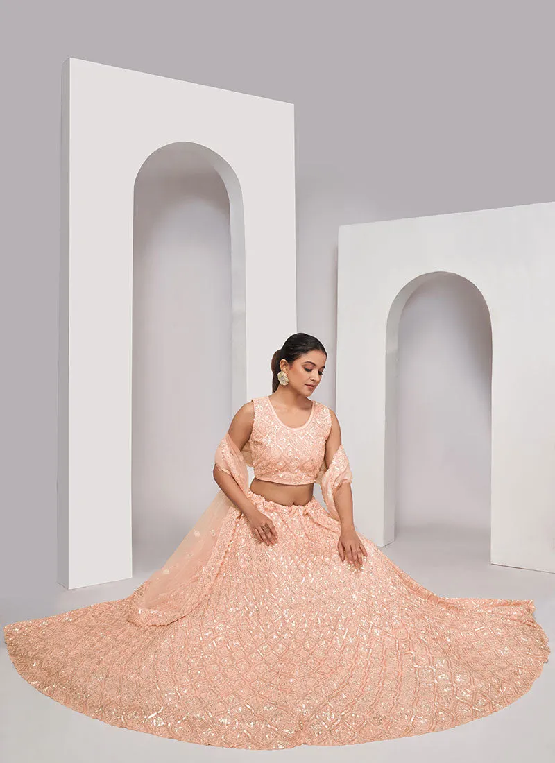 Soft Peach Sequence Embroidery Wedding Lehenga Choli