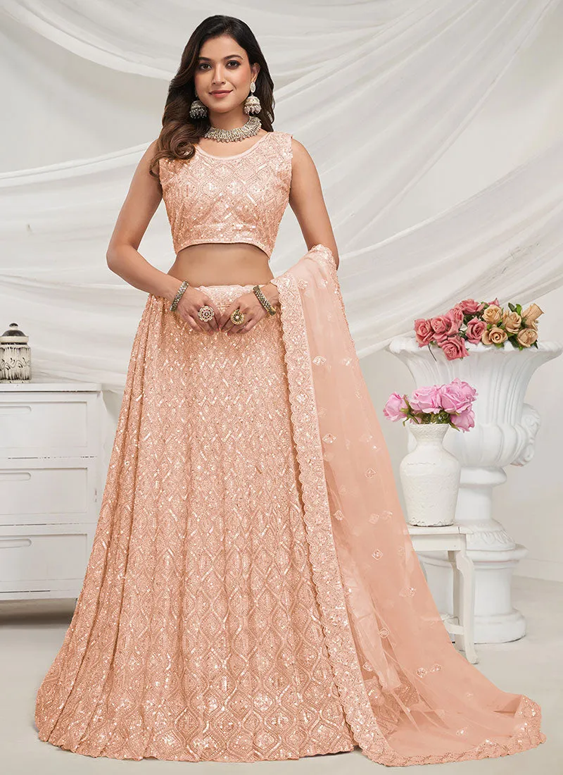 Soft Peach Sequence Embroidery Wedding Lehenga Choli