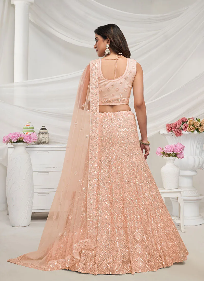 Soft Peach Sequence Embroidery Wedding Lehenga Choli