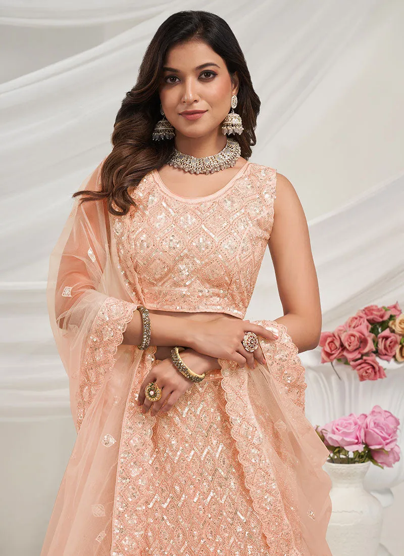 Soft Peach Sequence Embroidery Wedding Lehenga Choli