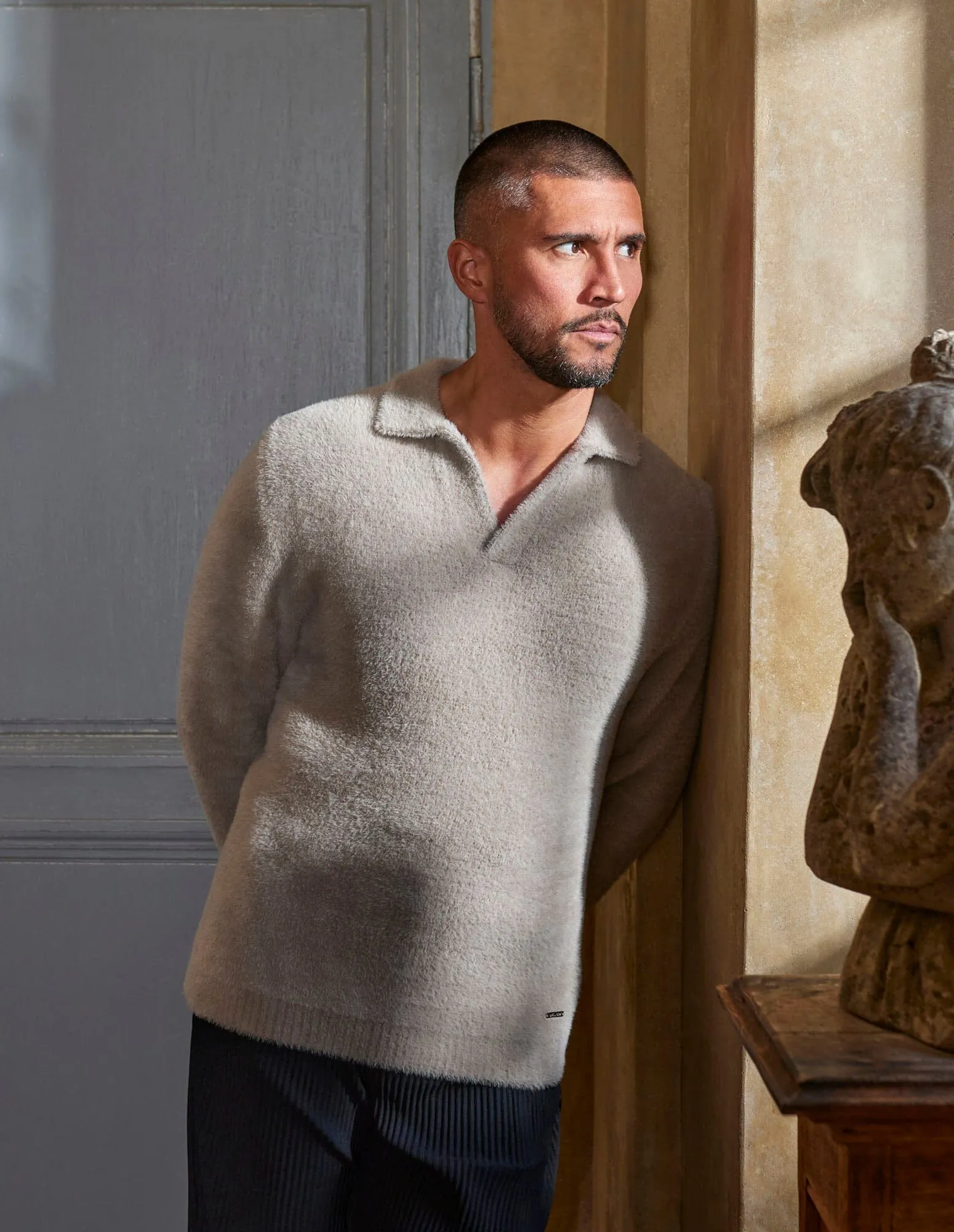 Taupe Mohair Open Collar