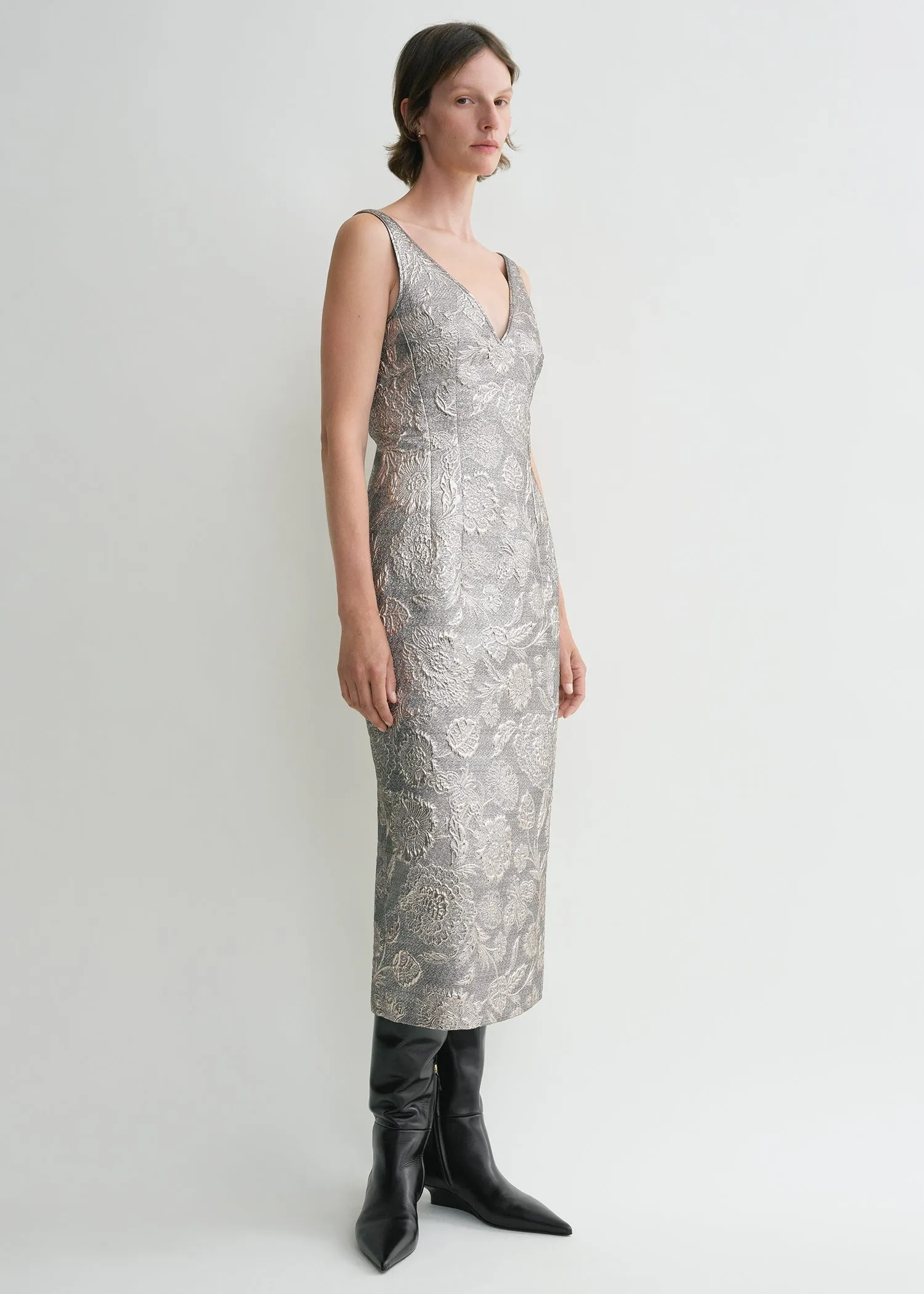 V-neck brocade dress silver
