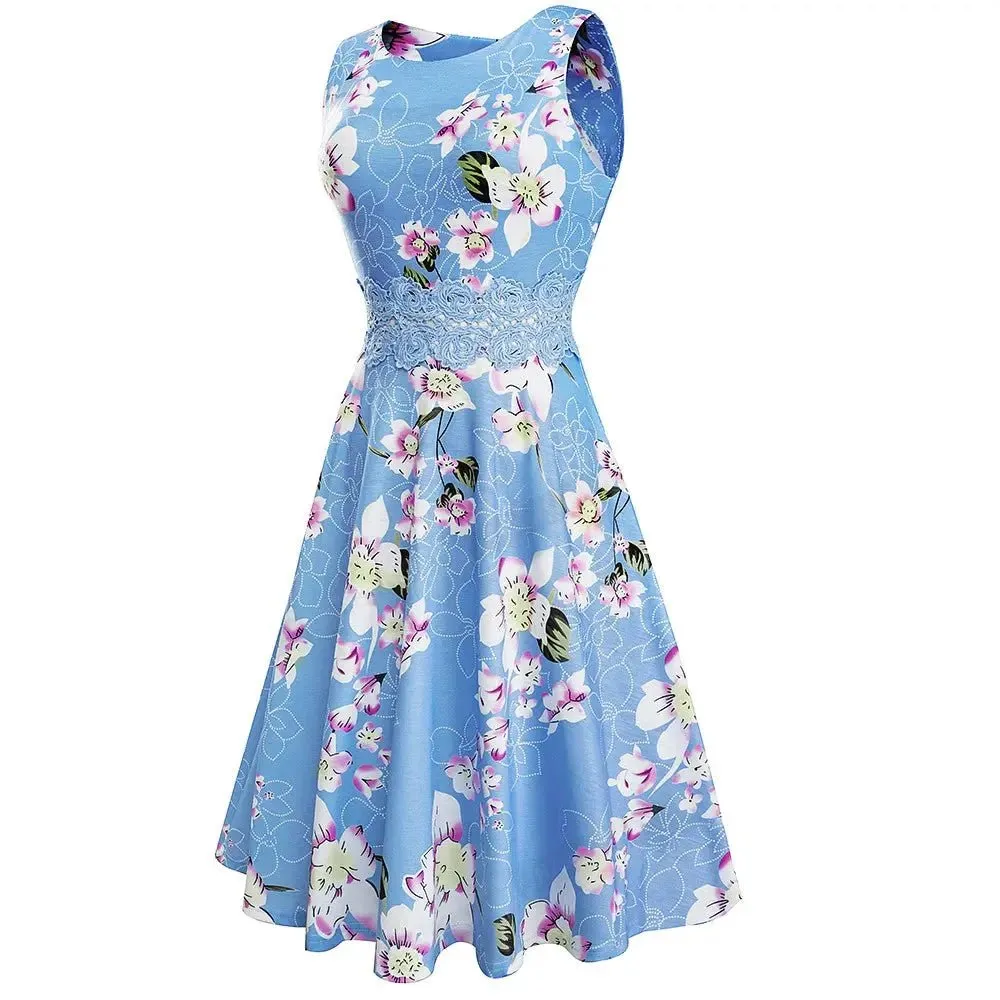 Vintage Light Blue Elegant Floral Swing Dress