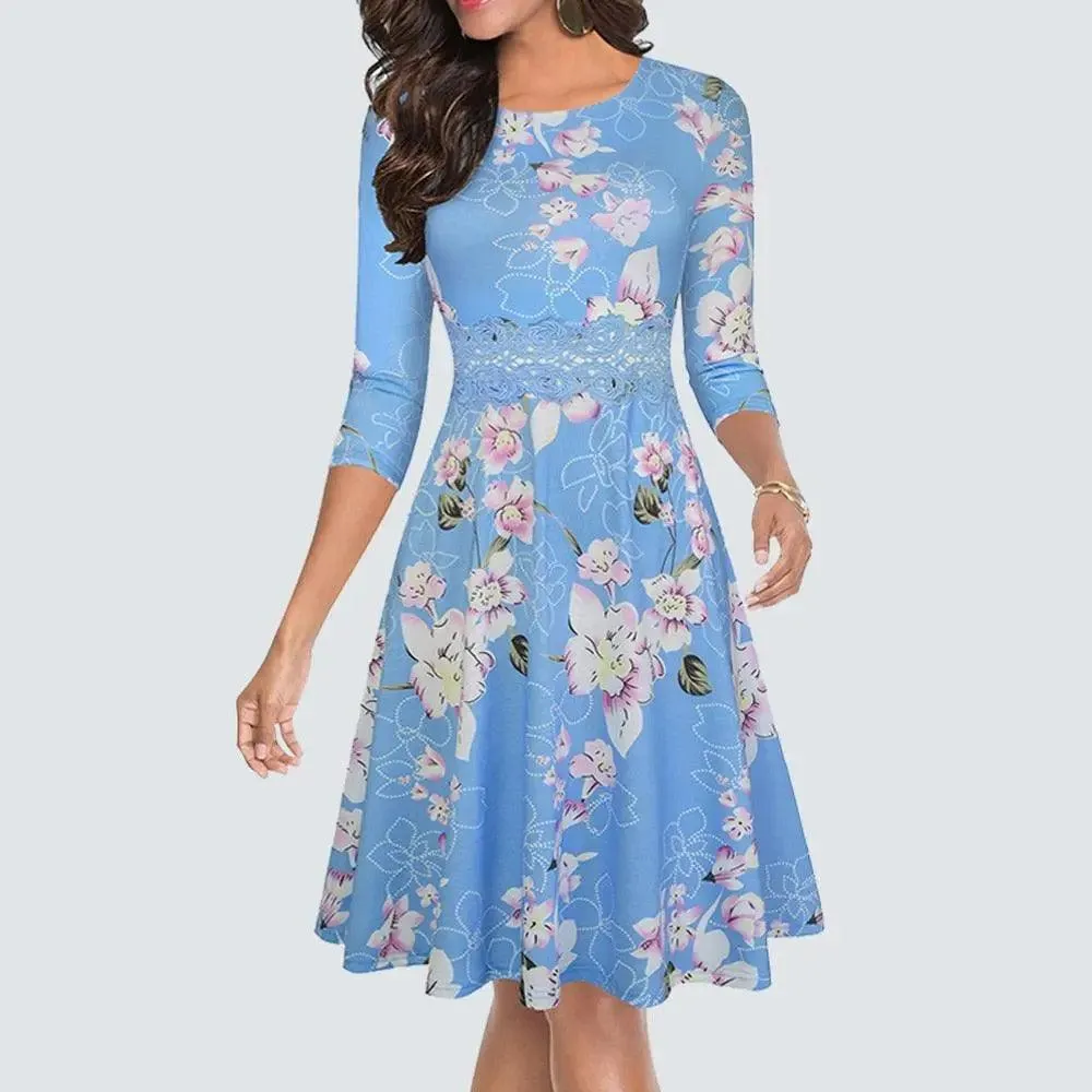 Vintage Light Blue Elegant Floral Swing Dress