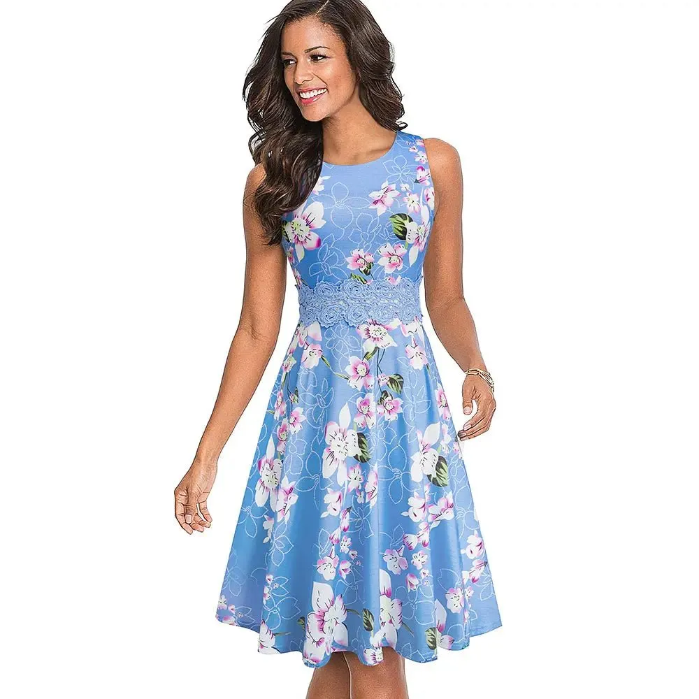 Vintage Light Blue Elegant Floral Swing Dress