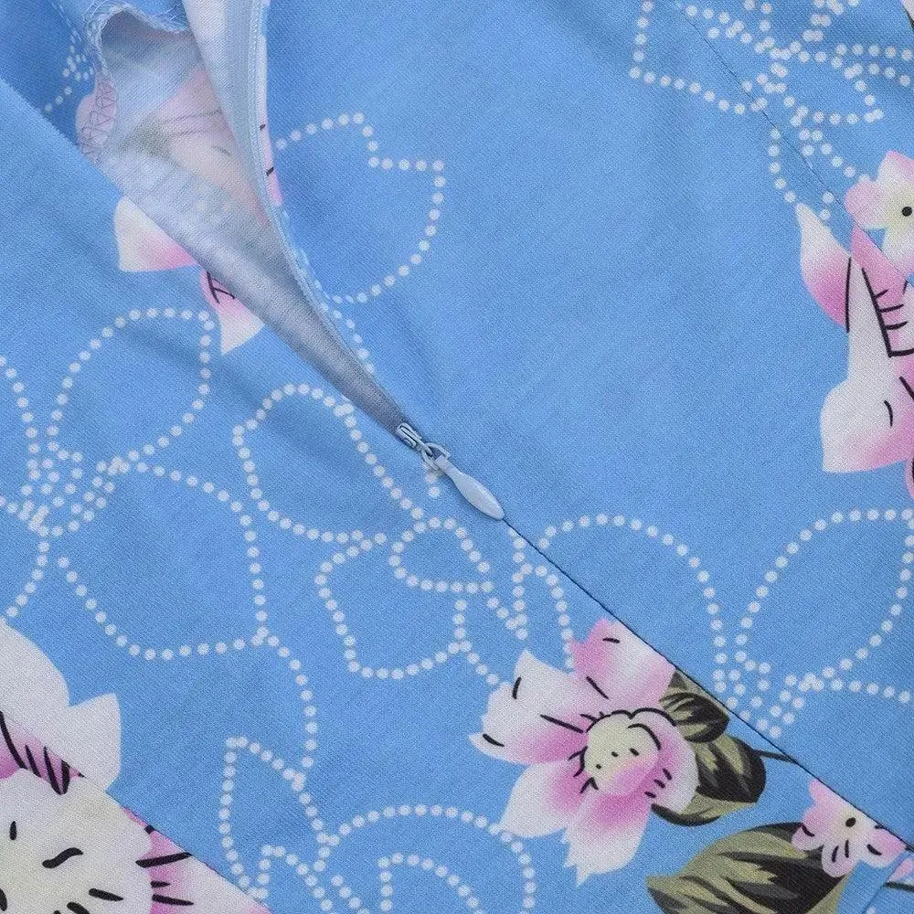 Vintage Light Blue Elegant Floral Swing Dress