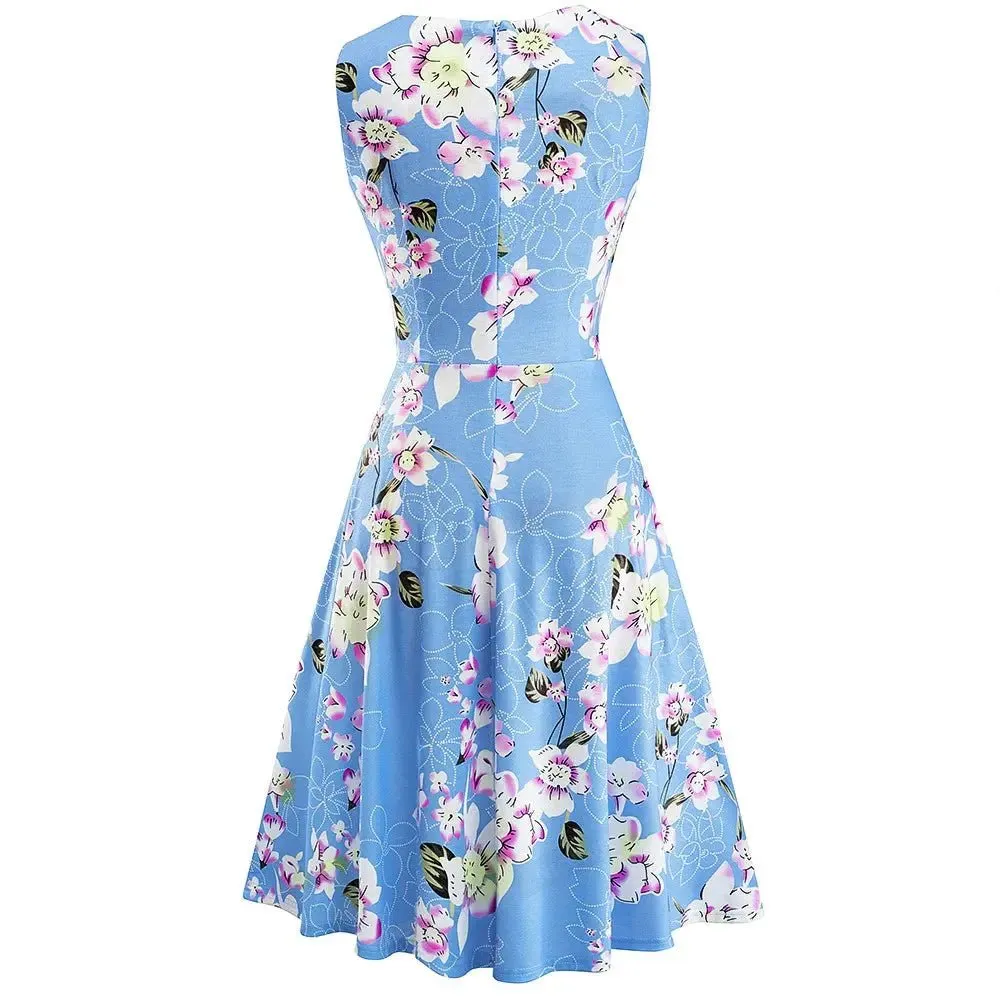Vintage Light Blue Elegant Floral Swing Dress