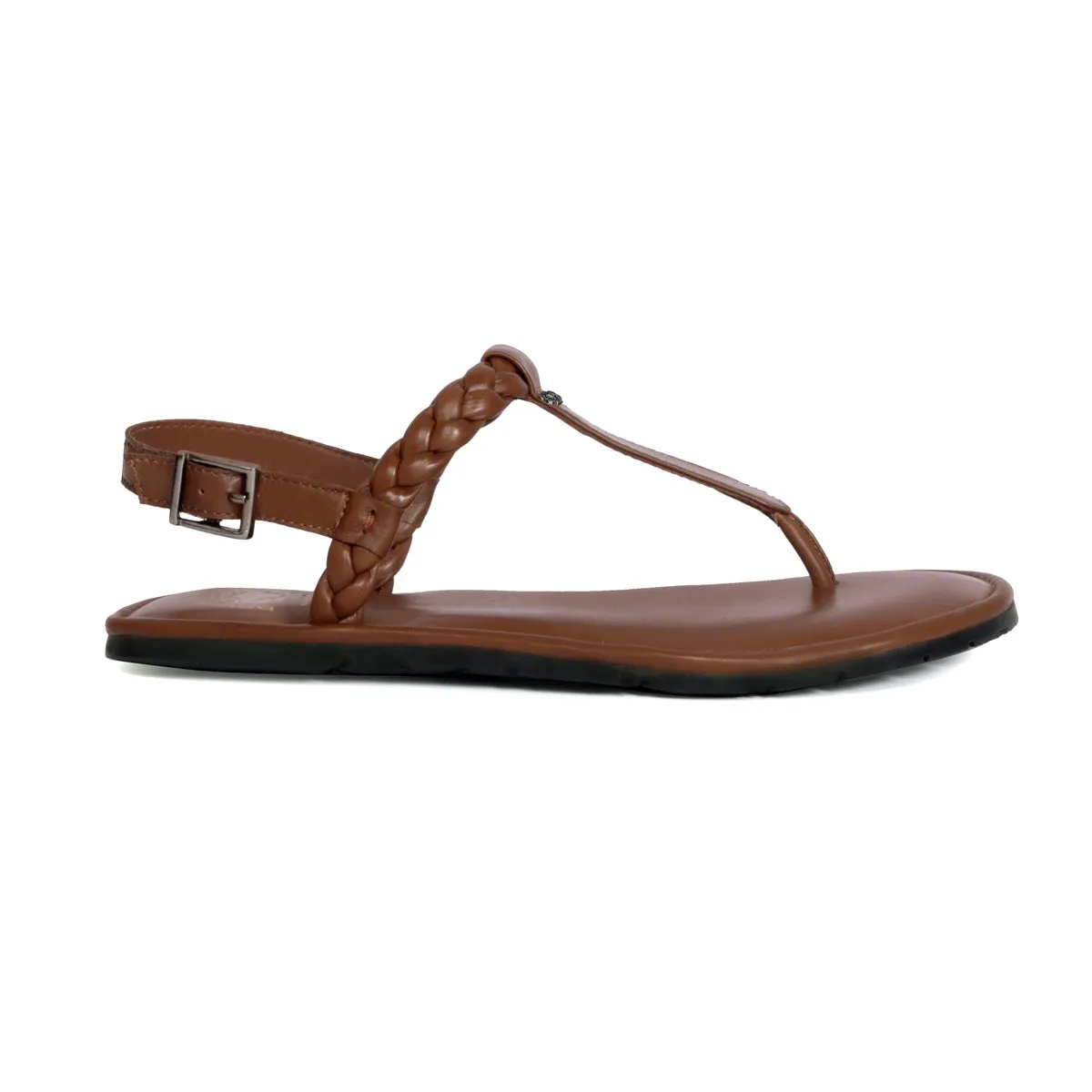 Weaved Loop T-Strap Gunmetal Buckled Dark Brown Genuine Leather Ladies Sandal by Brune & Bareskin