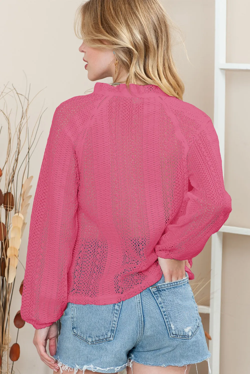 White Notch Neck Button Down Raglan Sleeve Crochet Top