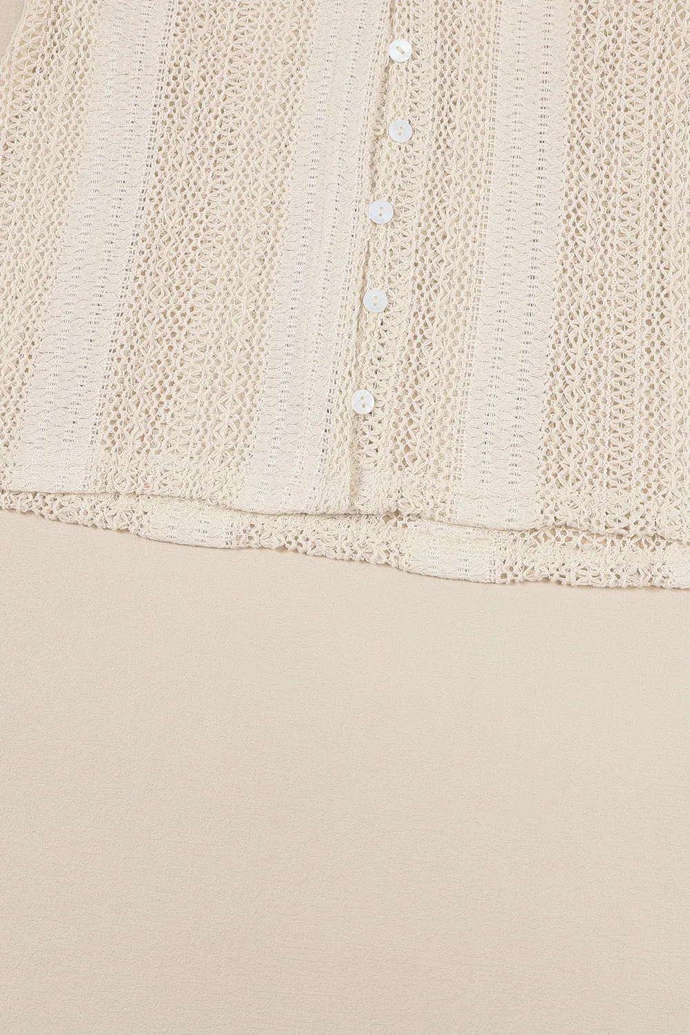 White Notch Neck Button Down Raglan Sleeve Crochet Top