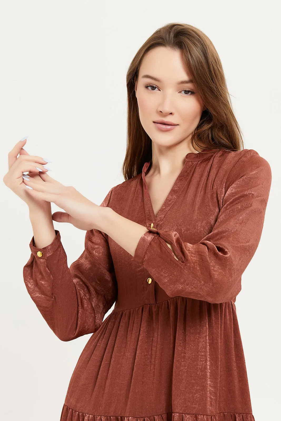 Women Brown Satin Tiered Dress