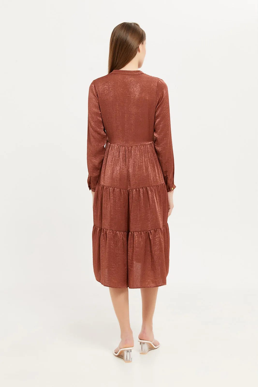 Women Brown Satin Tiered Dress