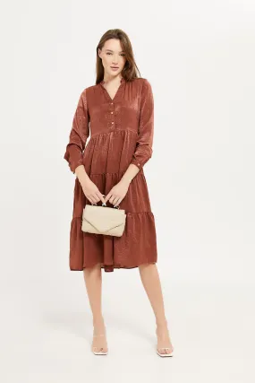 Women Brown Satin Tiered Dress